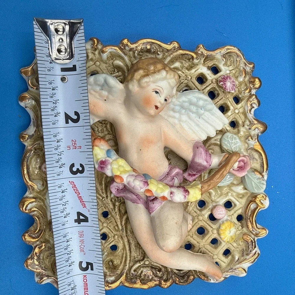 Vintage UCAGCO Japan Cherub Wall Plaque Hand Painted Porcelain Cupid Gold Lace
